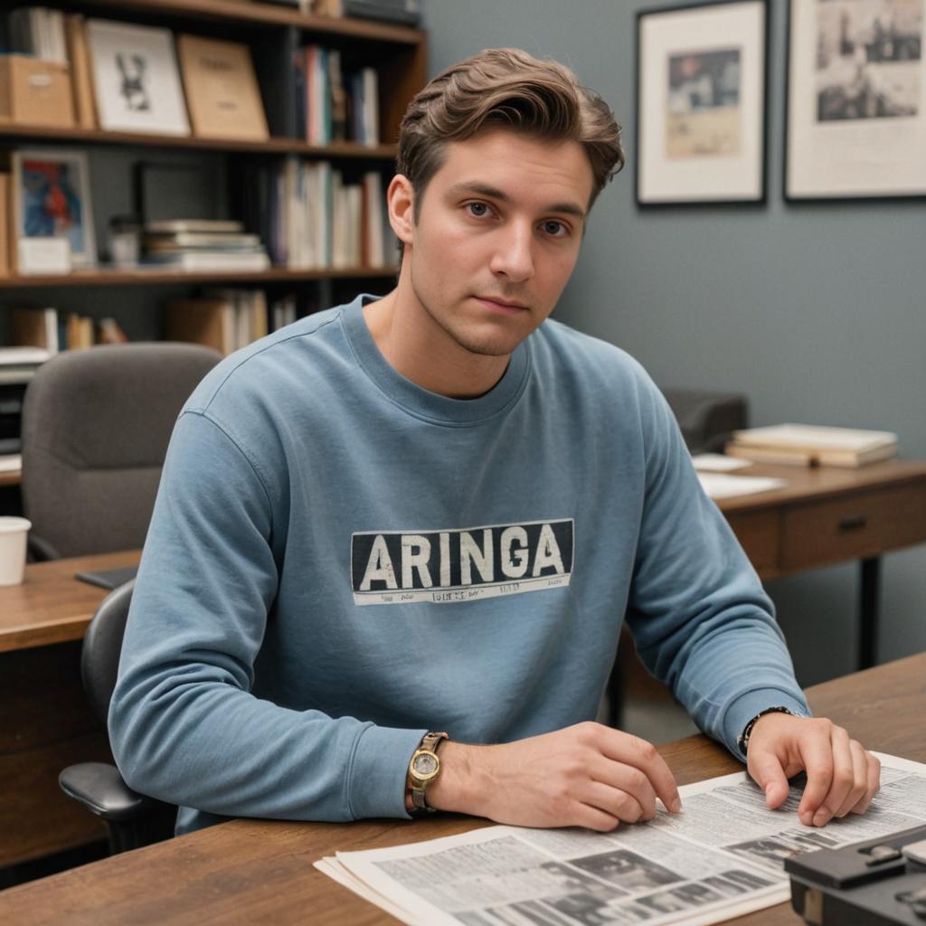 Confident man in blue ARINGA sweatshirt at desk with newspaper