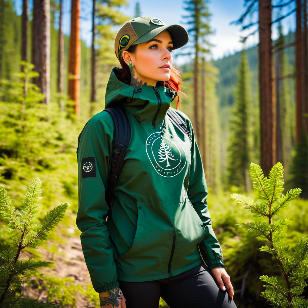 Stylish Woman in Green Jacket in Lush Forest