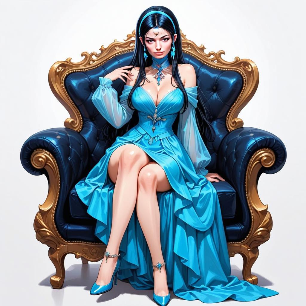 Elegant Woman in Blue Gown on Ornate Armchair