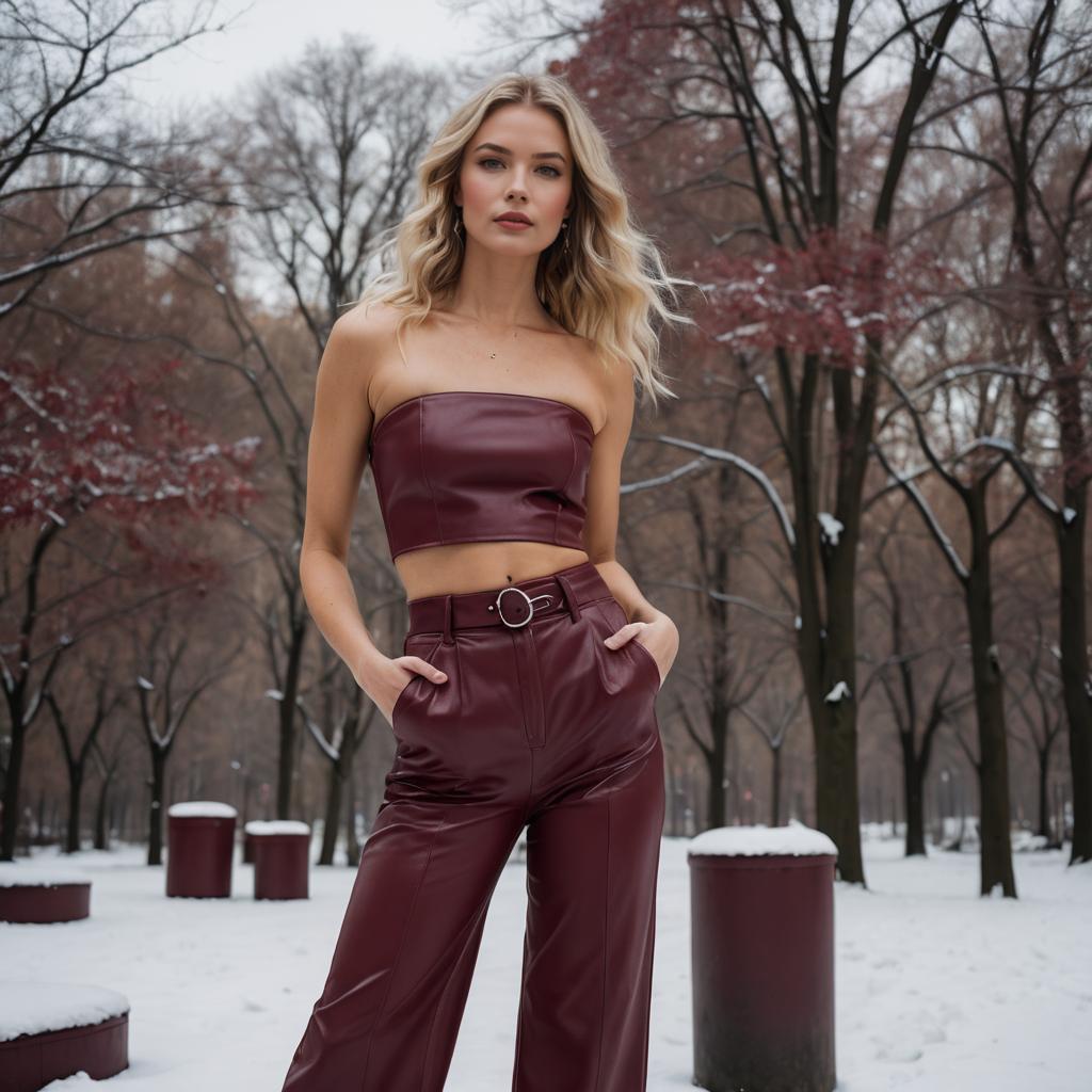 Woman in Burgundy Leather Outfit Posing in Snowy Winter Park