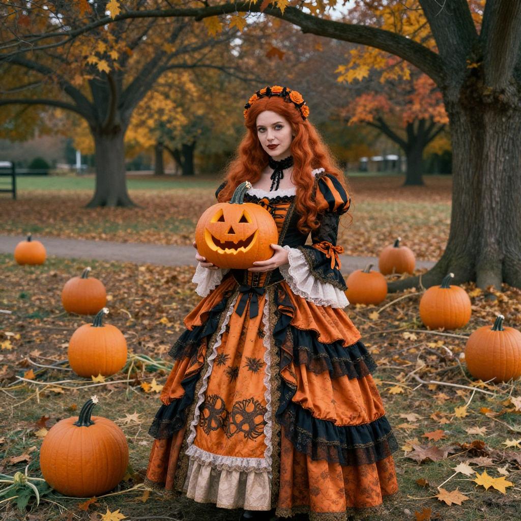 Victorian Halloween Woman Holding Jack-o'-Lantern in Autumn Park