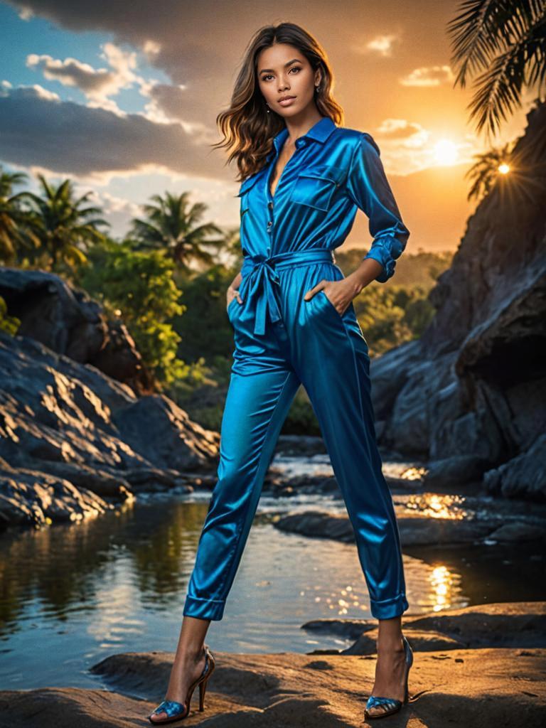 Model in Blue Satin Jumpsuit at Sunset