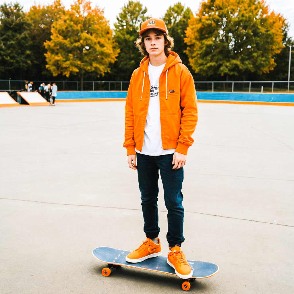 Young Man on Skateboard in Orange Outfit