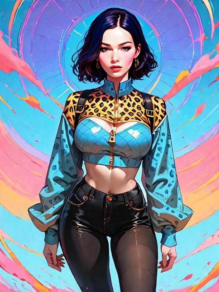 Trendy Woman Full Body Shot Digital Comic-Style Illustration with Realistic Face