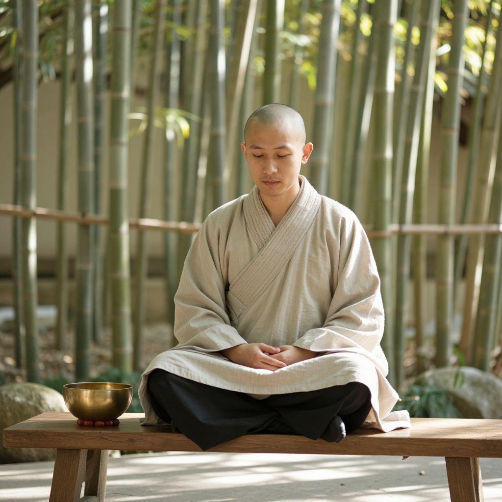 Meditating Monk in Bamboo Forest with Singing Bowl