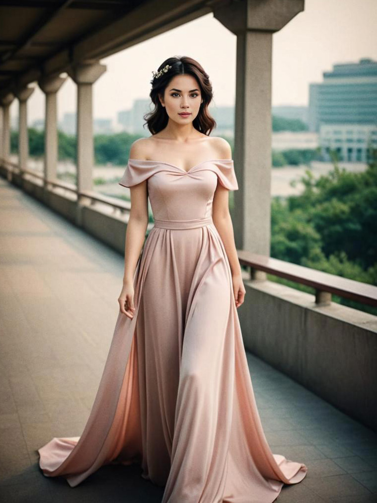 Woman in Elegant Off-Shoulder Pink Gown on Column-Lined Pathway