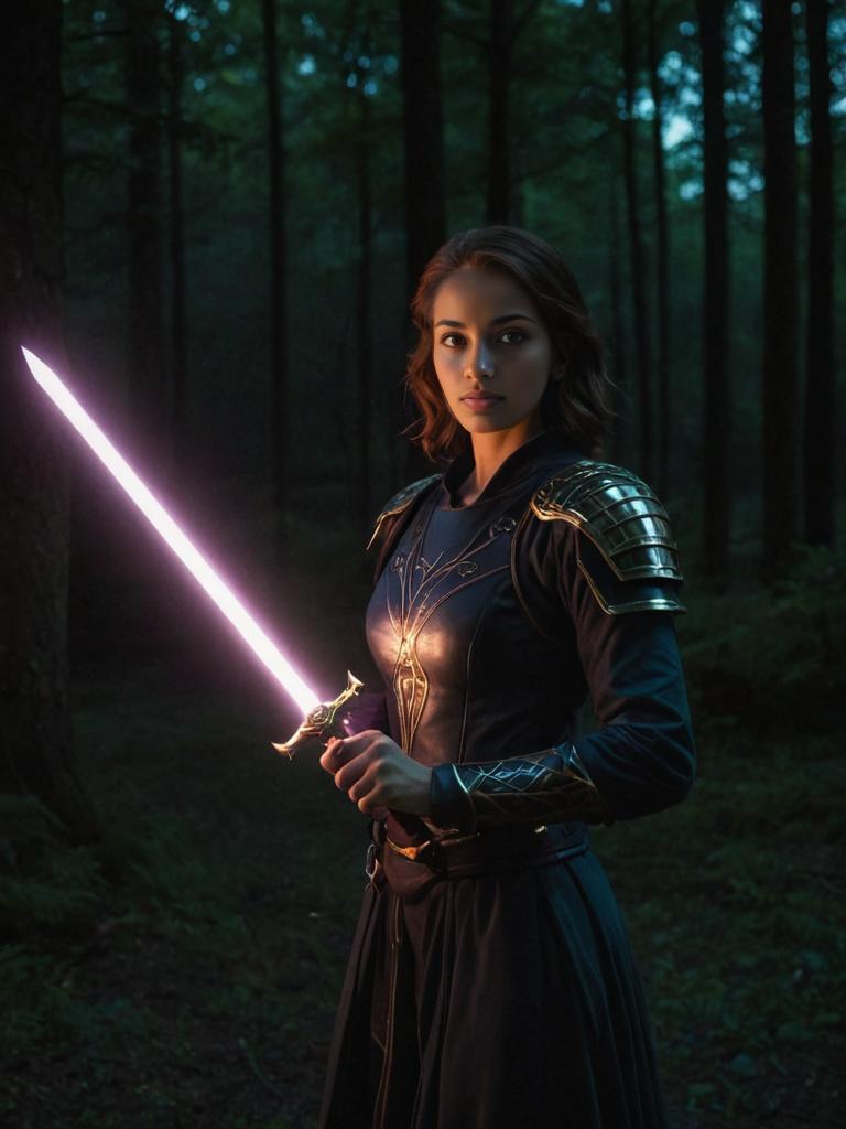 Confident Woman with Glowing Sword in Forest at Twilight