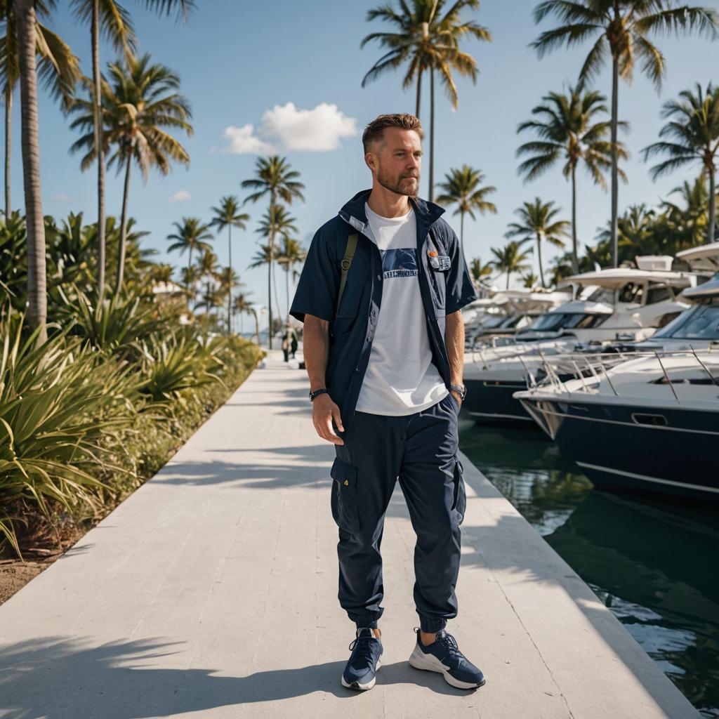 Confident man walking in a luxury marina