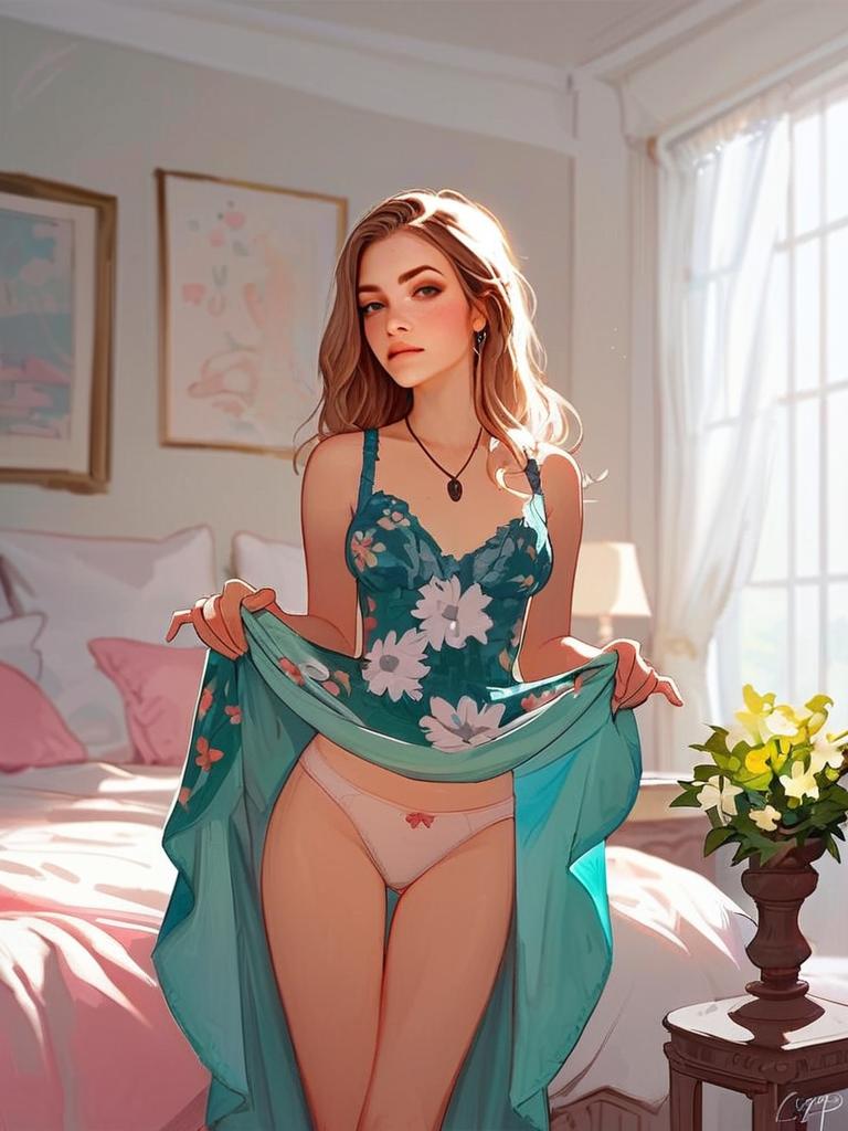 Digital Illustration of Woman in Floral Lingerie in Cozy Sunlit Bedroom