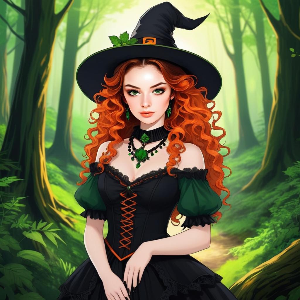 Woman in Witch Costume in Vibrant Forest