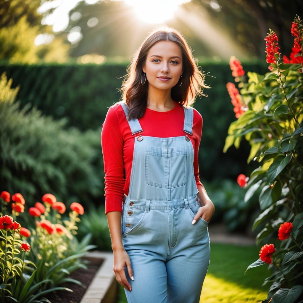 Young Woman in Light Blue Overalls and Red Shirt Walking in Sunlit Garden Young Woman in Light Blue Overalls and Red Shirt Walking in Sunlit Garden