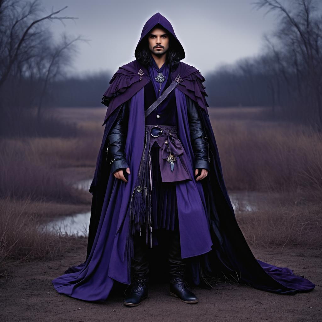 Man in Purple Cloak in Misty Landscape