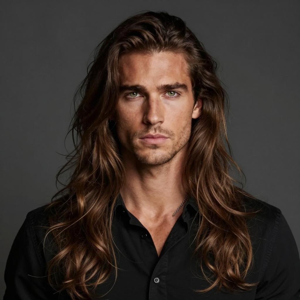 Portrait of Man with Long Hair and Green Eyes in Black Shirt