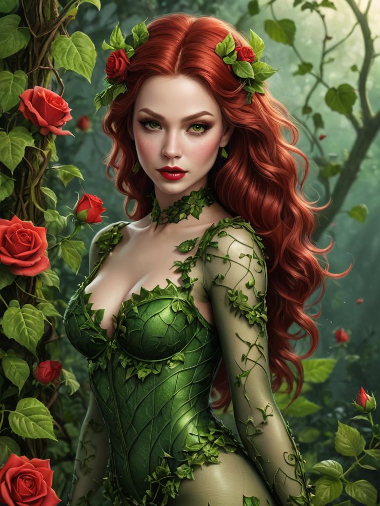 Evocative Poison Ivy Cosplay with Greenery and Red Roses