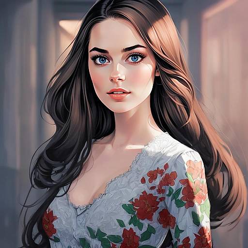 Digital Portrait of a Young Woman with Floral Blouse and Flowing Hair