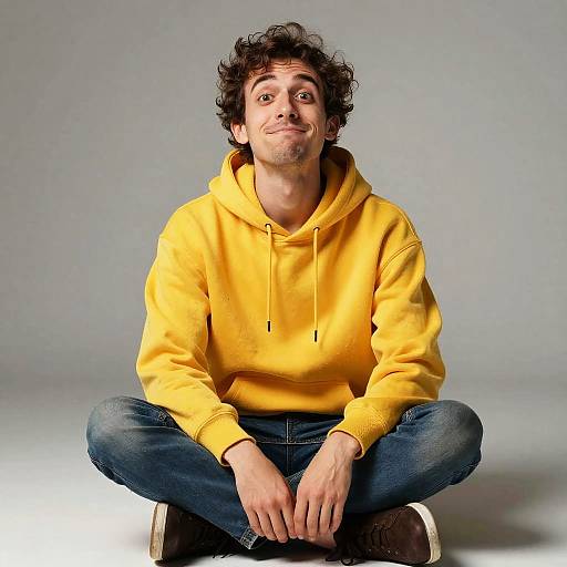 Casual Young Man in Yellow Hoodie Sitting Cross-Legged