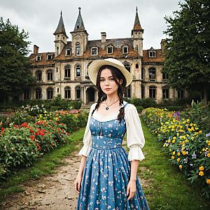 Young Woman in Vintage Dress at Mansion