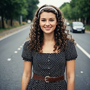 Smiling Woman in Polka Dot Dress on Tree-Lined Street