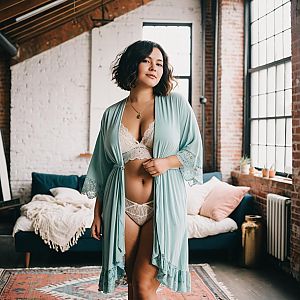 Confident Woman in Lace Lingerie and Mint Green Robe in Stylish Loft