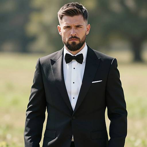 Man in Classic Black Tuxedo with Bow Tie Outdoors