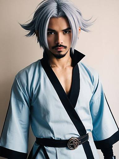 Man Wearing Zeke Von Genbu Cosplay Costume with Silver Hair and Anime Style