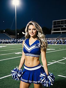 Confident Cheerleader on Football Field at Night
