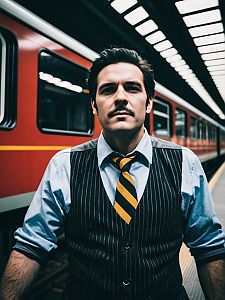 Man in Vintage Vest and Striped Tie Standing at Train Platform Cinematic Portrait
