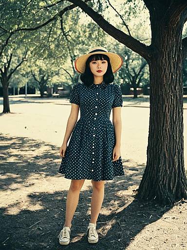 Retro Style Woman in Polka Dot Dress and Straw Hat Outdoors