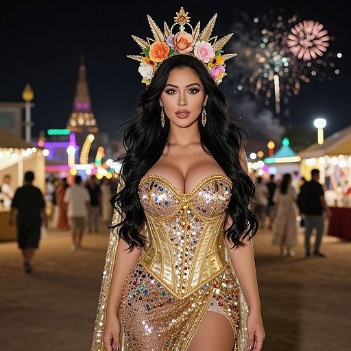 Glamorous Woman in Gold Sequin Dress with Floral Crown at Night Festival