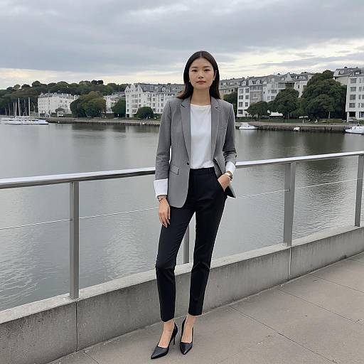 Professional Woman in Gray Blazer by Waterfront with Urban Background