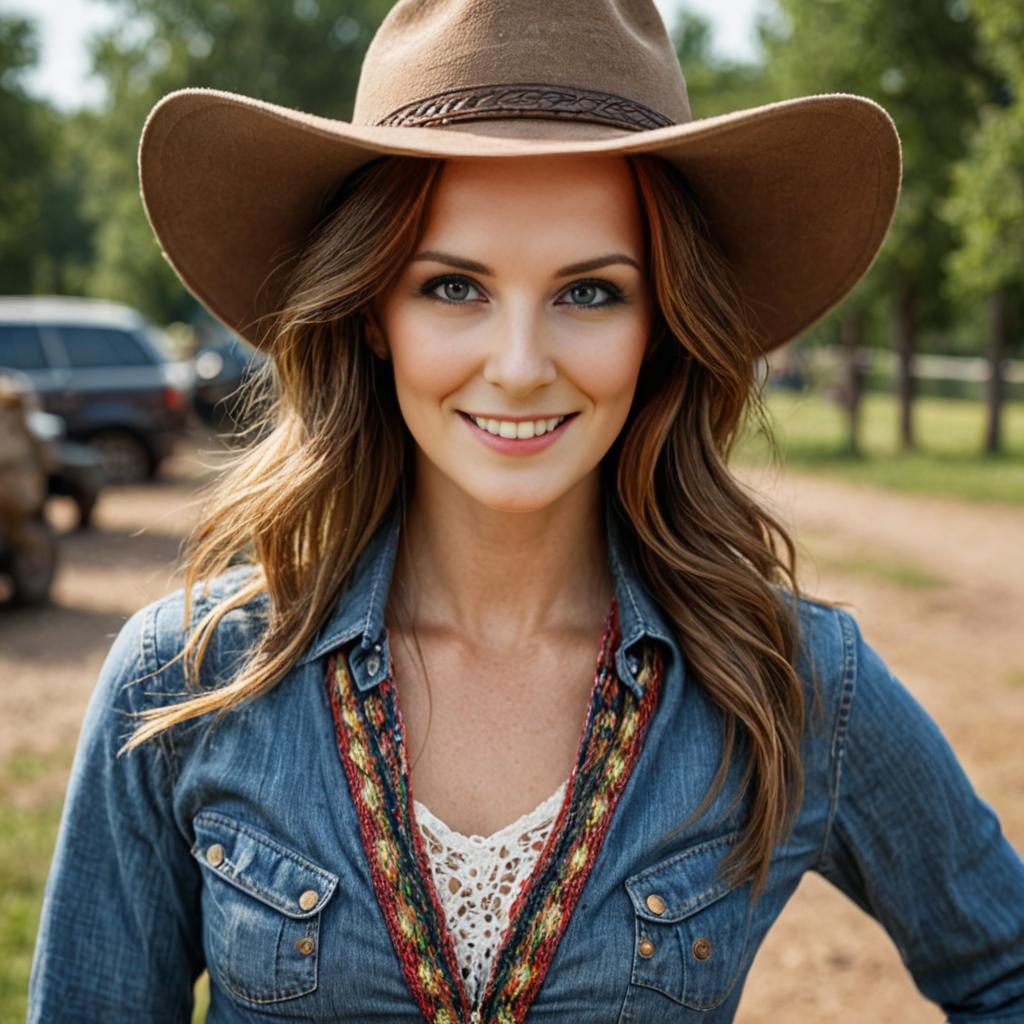 Smiling woman in denim with cowboy hat