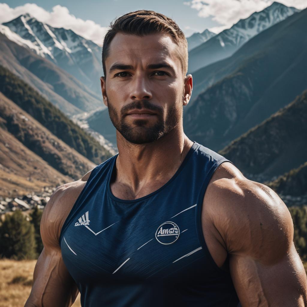 Muscular Man Outdoors with Mountains Muscular Man Outdoors with Mountains