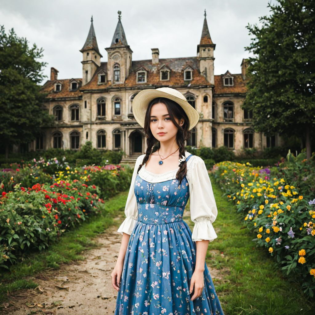 Young Woman in Vintage Dress at Mansion Young Woman in Vintage Dress at Mansion