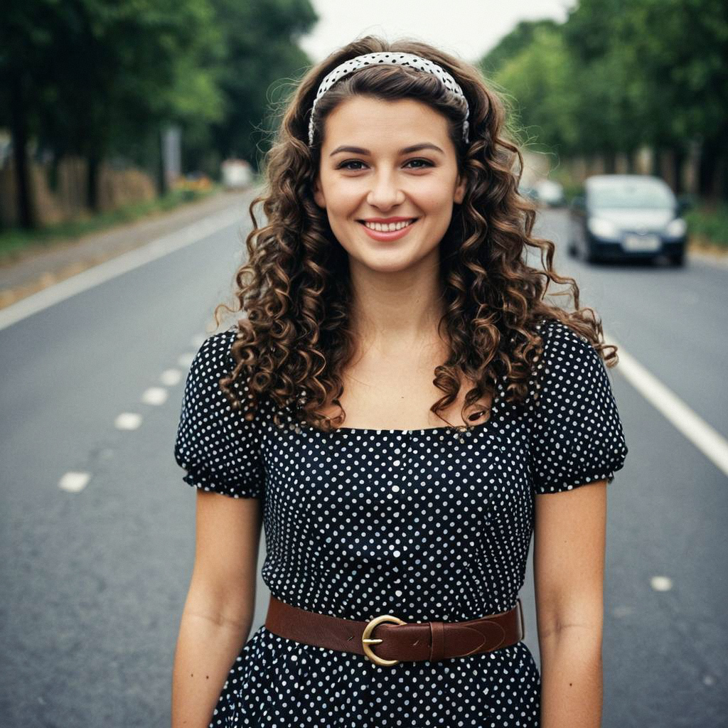 Smiling Woman in Polka Dot Dress on Tree-Lined Street Smiling Woman in Polka Dot Dress on Tree-Lined Street