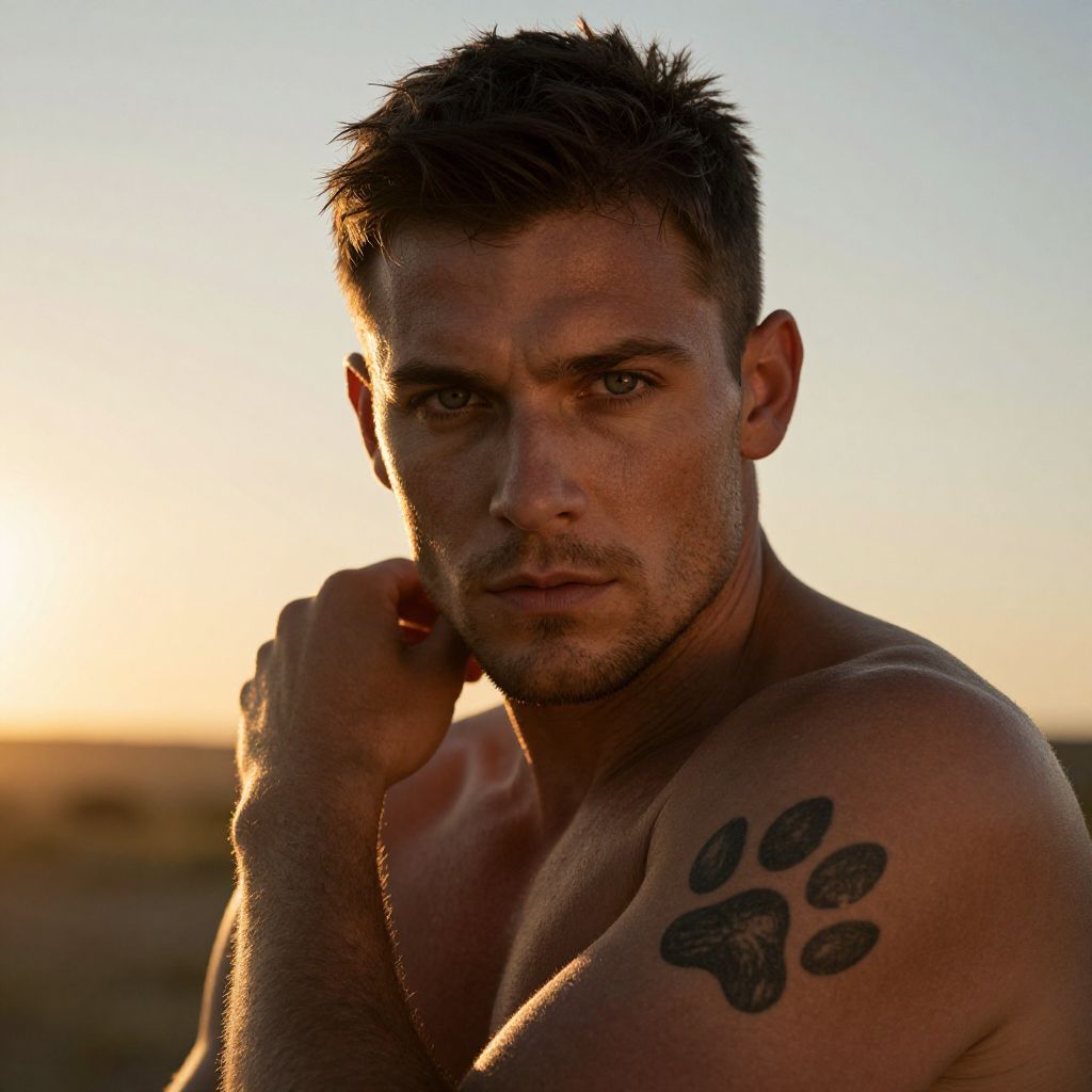 Close-Up Portrait of Shirtless Man with Paw Print Tattoo in Golden Hour Light