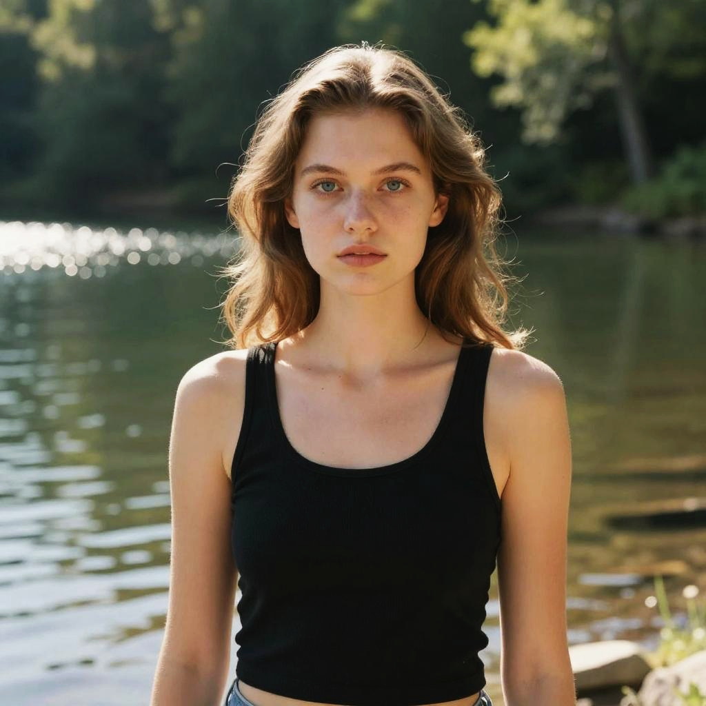 Young Woman Standing by Lake in Black Tank Top Outdoors