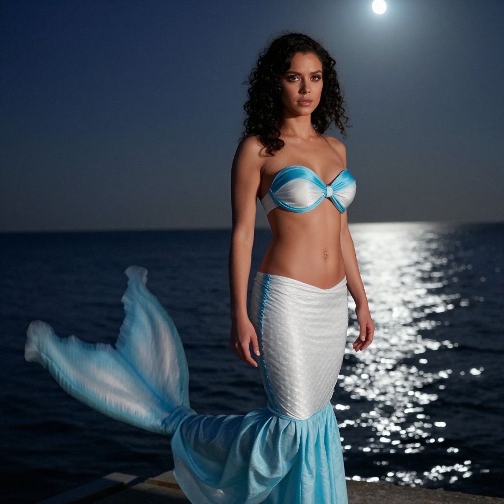 Mermaid Woman in Blue and White Costume Standing by Moonlit Ocean