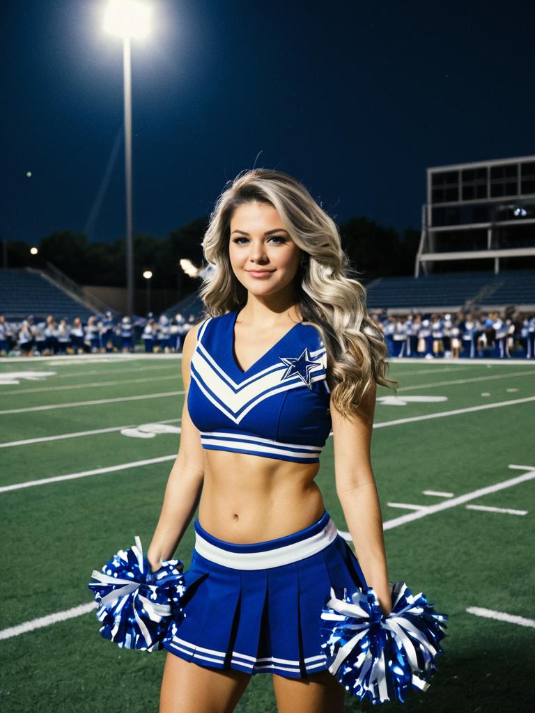 Confident Cheerleader on Football Field at Night