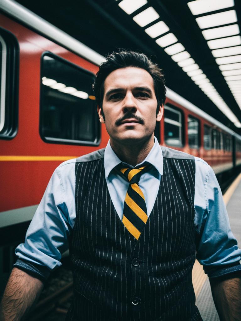 Man in Vintage Vest and Striped Tie Standing at Train Platform Cinematic Portrait