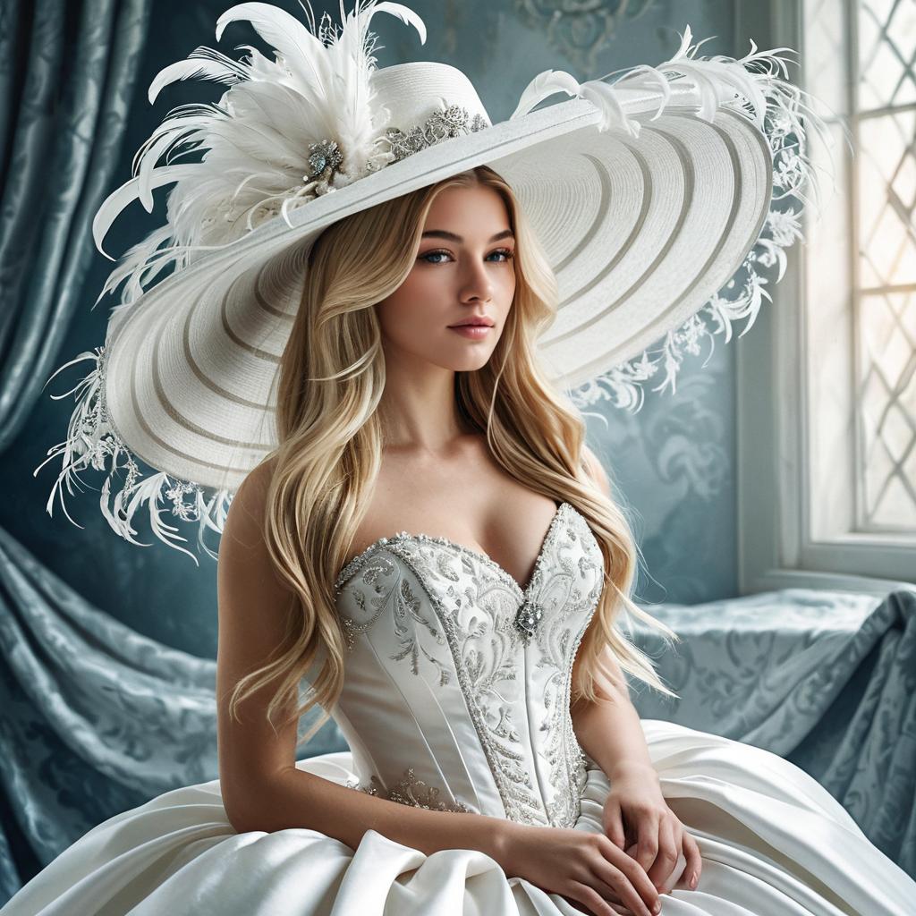Elegant Woman in Beaded White Gown with Feathered Wide-Brimmed Hat