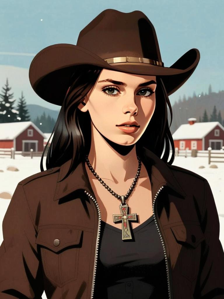 Digital Illustration of Woman in Cowboy Hat with Cross Necklace in Snowy Rural Setting