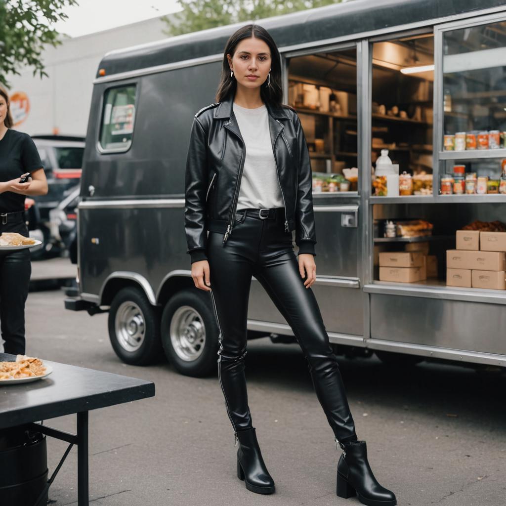 Stylish Woman in Urban Fashion by Food Truck