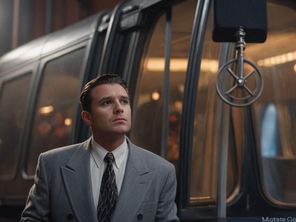 Pensive man in vintage suit by classic microphone