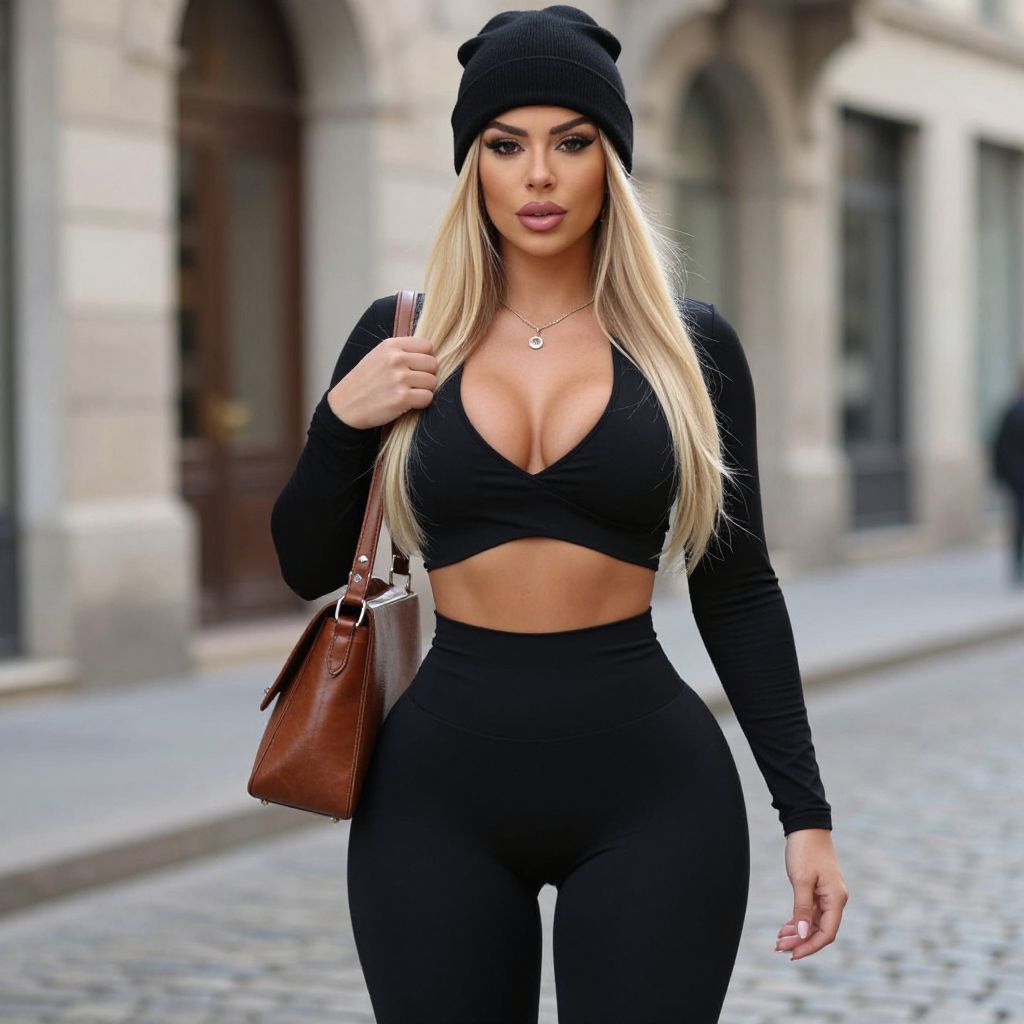 Fashionable Woman in Black Crop Top and Leggings Walking in City