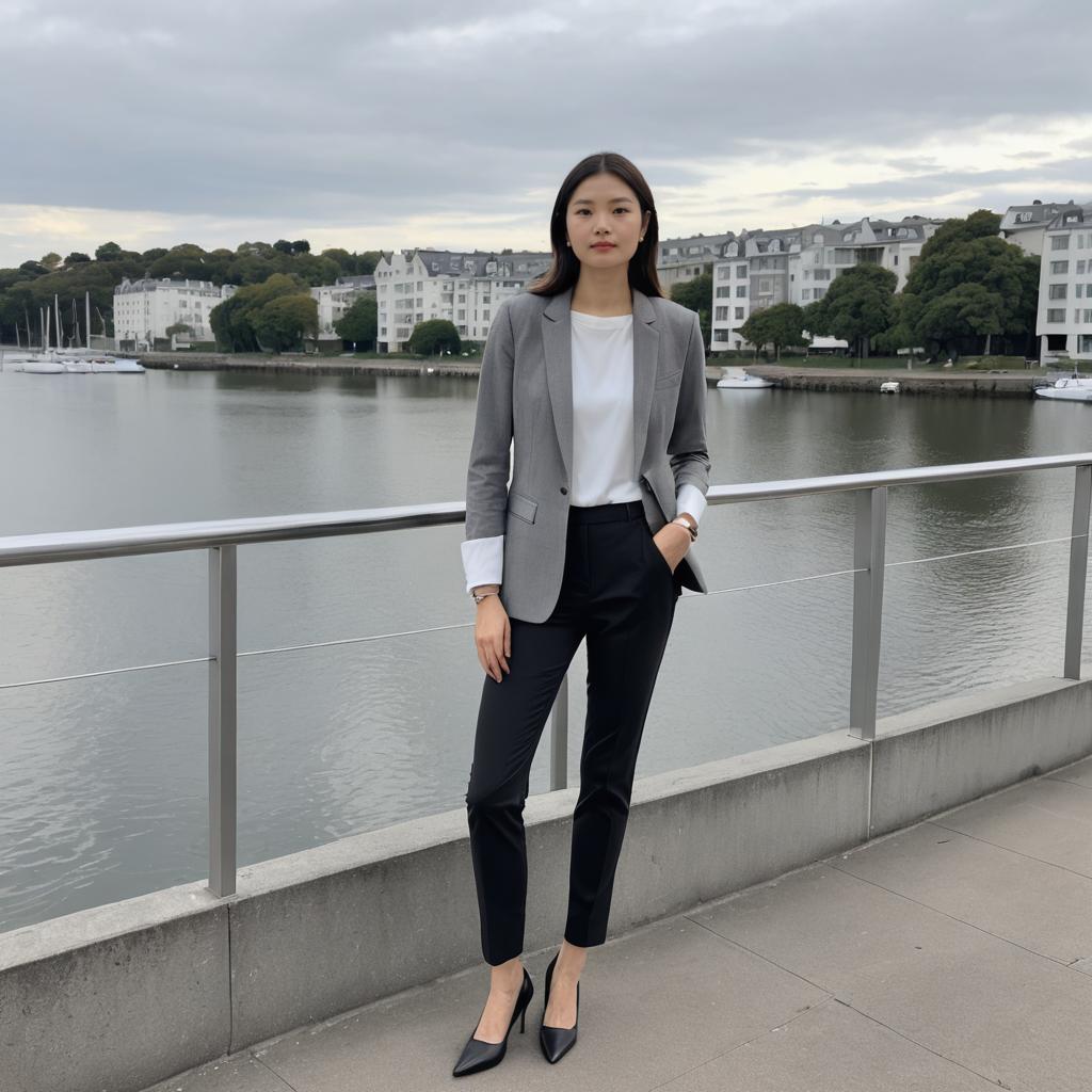 Professional Woman in Gray Blazer by Waterfront with Urban Background