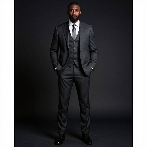 Confident Man in Dark Gray Three-Piece Suit Posing in Studio