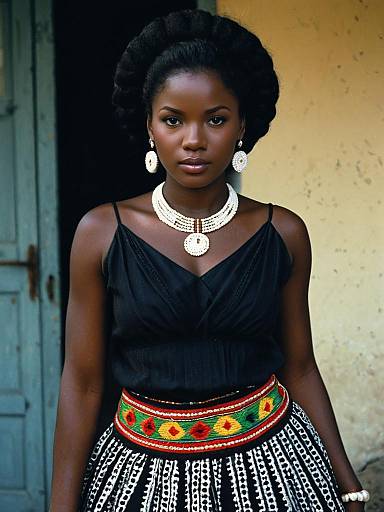 Angola National Costume Woman with Beaded Jewelry and Traditional Skirt