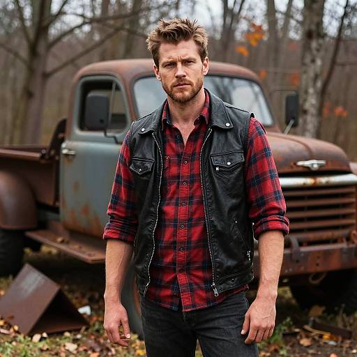 Rugged Man in Plaid Shirt and Leather Vest by Rusted Truck