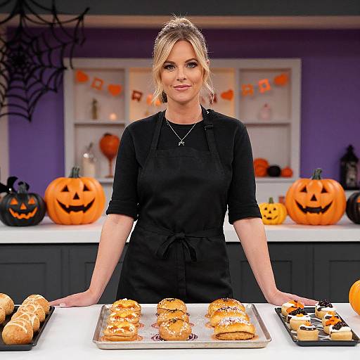 Halloween Baking Setup with Woman and Festive Pumpkin Decorations