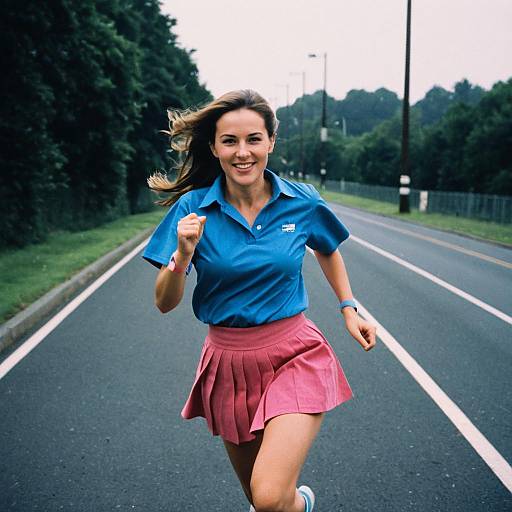 Woman Running in Blue Polo Shirt and Pink Skirt on Road